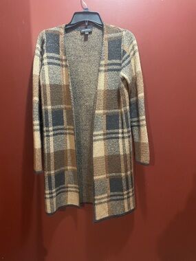 Open-Front Plaid Long Cardigan Sweater - Brown/Gray by New York & Company